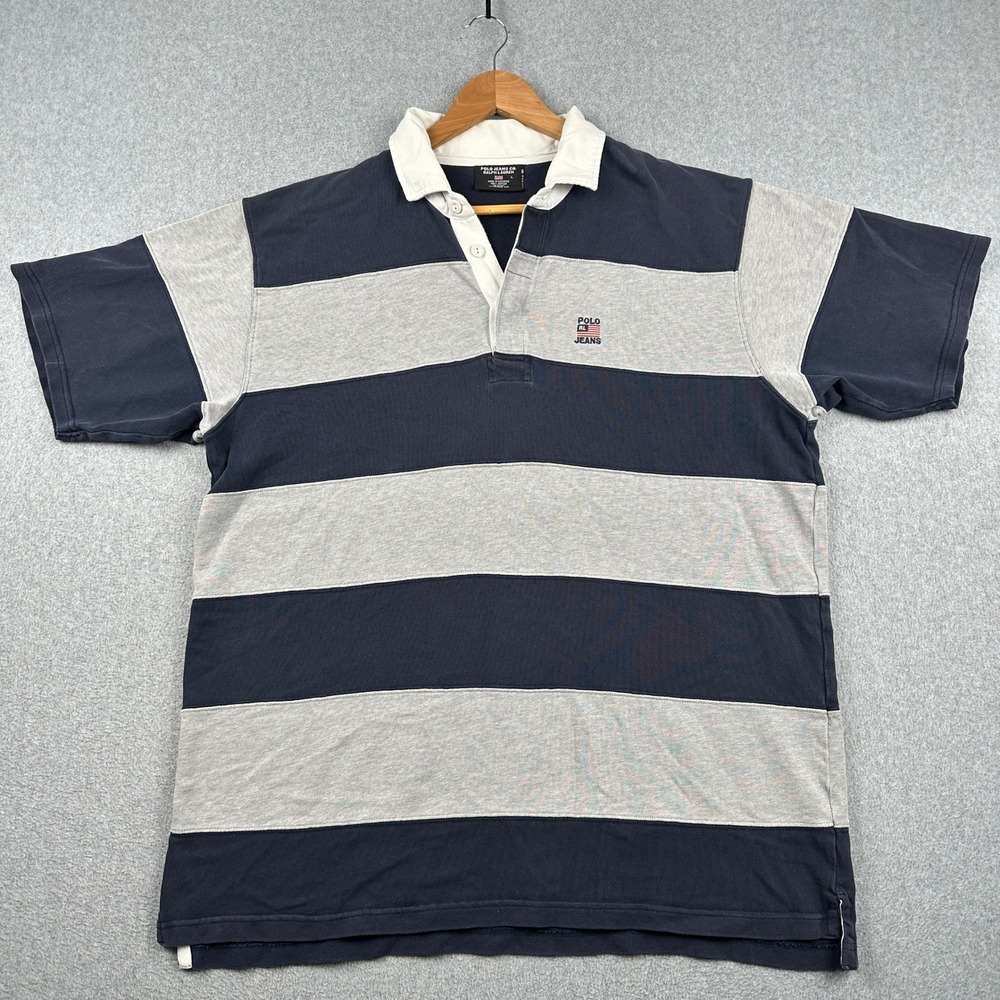 Vintage Polo Jeans Co Ralph Lauren Polo Shirt Mens L Striped Blue Short Sleeve
